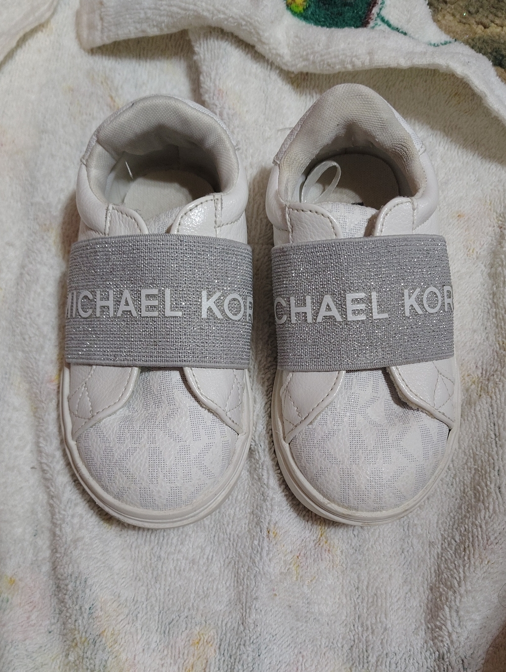 Michael Kors Kids White Sneakers with Silver Logo Band